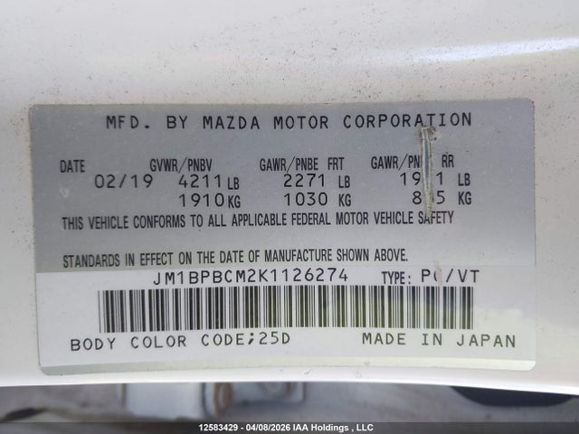 Aukcja sprzedaży 2019 Mazda Mazda3, vin: JM1BPBCM2K1126274, numer aukcji: 12583429
