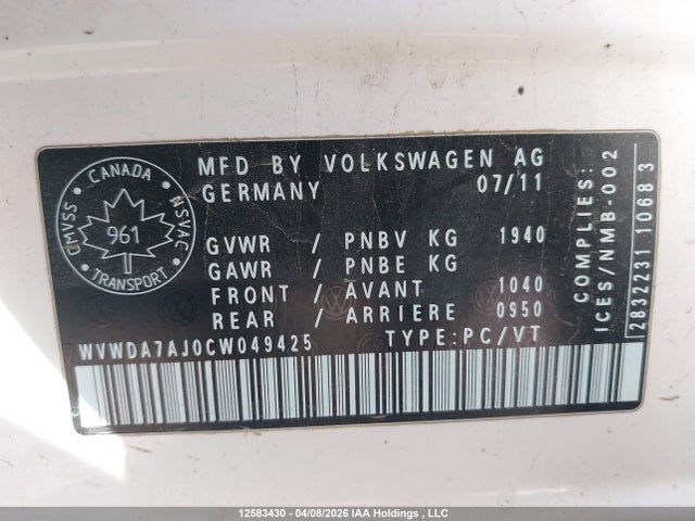 Продаж на аукціоні авто 2012 Volkswagen Golf, vin: WVWDA7AJ0CW049425, номер лоту: 12583430