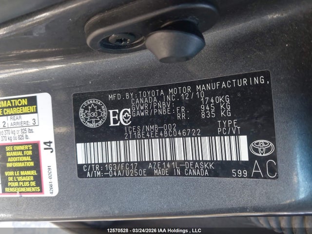 Aukcja sprzedaży 2011 Toyota Corolla Xrs Xrs, vin: 2T1BE4EE4BC046722, numer aukcji: 12570528
