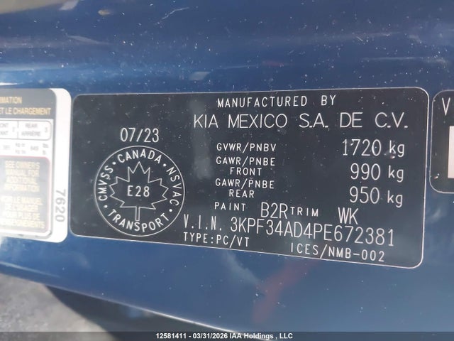 12581411 :رقم المزاد ، 3KPF34AD4PE672381 vin ، 2023 Kia Forte Ex/ex Premium/ex+/gt-line مزاد بيع