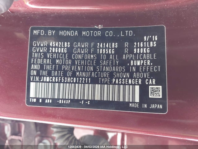 JHMCR6F53HC012211 Honda Accord Hybrid Ex-l