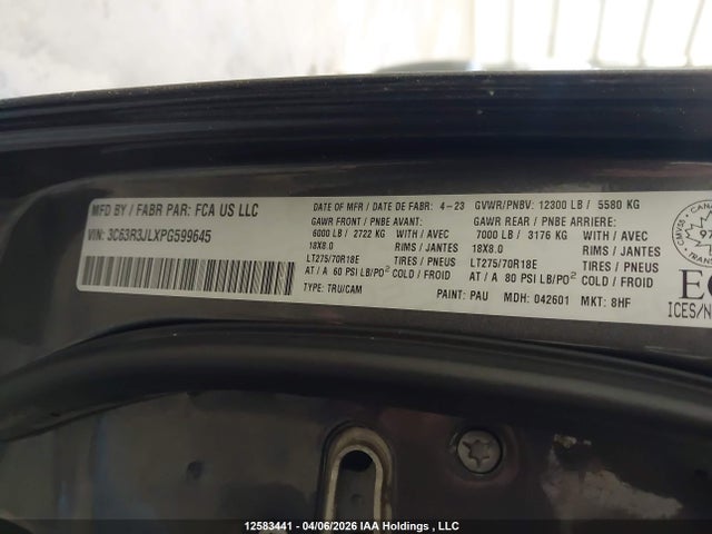12583441 :رقم المزاد ، 3C63R3JLXPG599645 vin ، 2023 Ram 3500 Laramie مزاد بيع