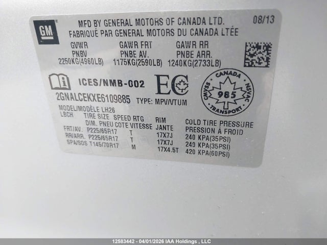 2014 Chevrolet Equinox Lt მანქანა იყიდება აუქციონზე, vin: 2GNALCEKXE6109885, აუქციონის ნომერი: 12583442