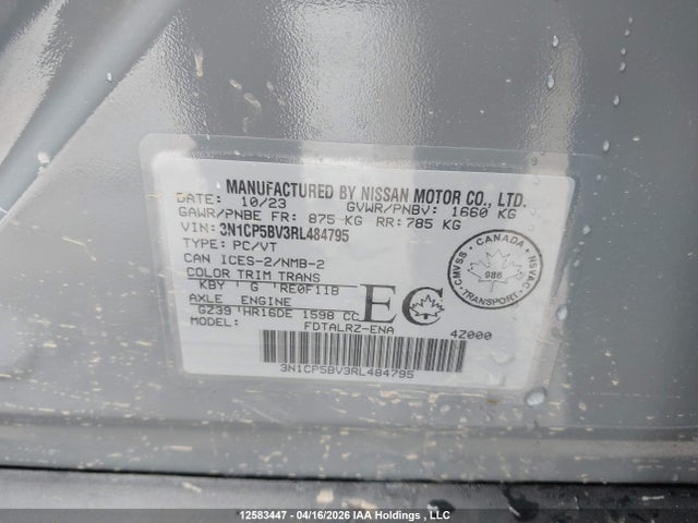 3N1CP5BV3RL484795 Nissan KICKS S