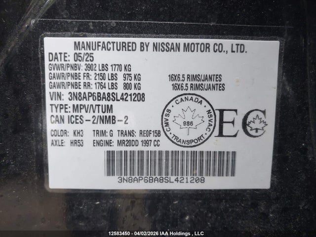Aukcja sprzedaży 2025 Nissan Kicks S, vin: 3N8AP6BA8SL421208, numer aukcji: 12583450