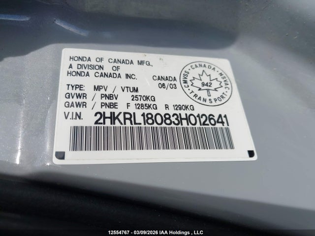 12554767 :رقم المزاد ، 2HKRL18083H012641 vin ، 2003 Honda Odyssey Ex-l مزاد بيع