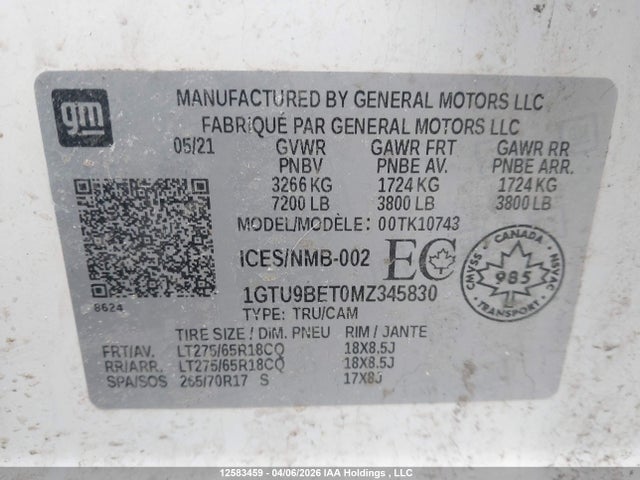 Продаж на аукціоні авто 2021 Gmc Sierra 1500, vin: 1GTU9BET0MZ345830, номер лоту: 12583459