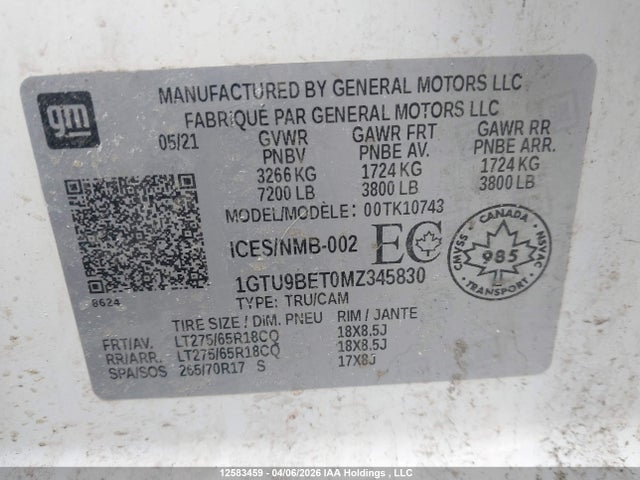 Продаж на аукціоні авто 2021 Gmc Sierra 1500, vin: 1GTU9BET0MZ345830, номер лоту: 12583459