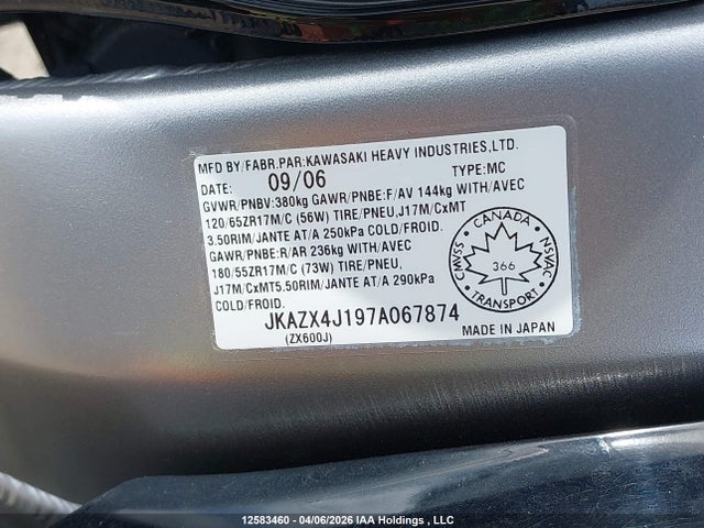 Продажа на аукционе авто 2007 Kawasaki Zx600 J1, vin: JKAZX4J197A067874, номер лота: 12583460