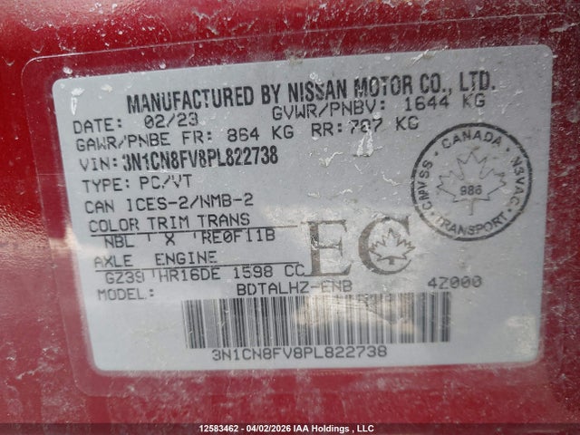 3N1CN8FV8PL822738 Nissan VERSA SR