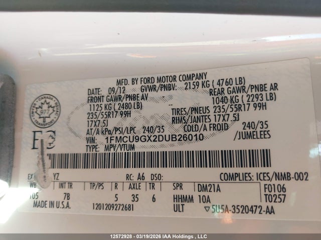 Aukcja sprzedaży 2013 Ford Escape Se, vin: 1FMCU9GX2DUB26010, numer aukcji: 12572928