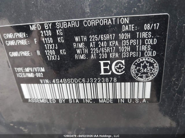 4S4BSDDC6J3223878 Subaru Outback 2.5i Premium