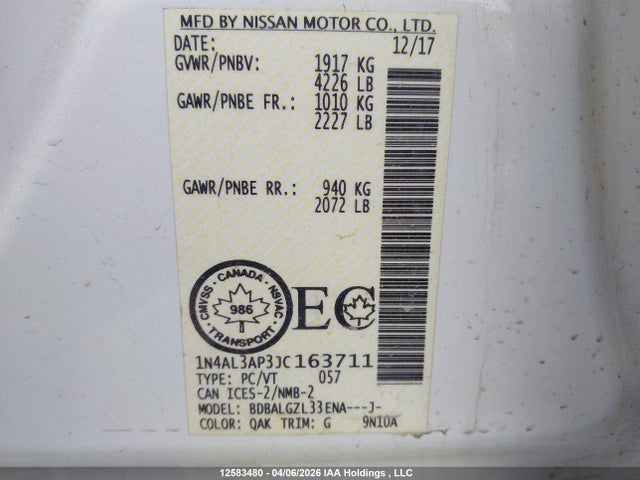 1N4AL3AP3JC163711 Nissan Altima 2.5/s/sv/sl/sr