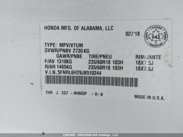 5FNRL6H29JB510244 Honda ODYSSEY LX