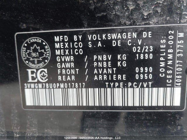 Aukcja sprzedaży 2023 Volkswagen Jetta Sel, vin: 3VWGM7BU0PM017817, numer aukcji: 12583500