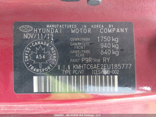 12583501 :رقم المزاد ، KMHTC6AE2EU185777 vin ، 2014 Hyundai Veloster Turbo مزاد بيع
