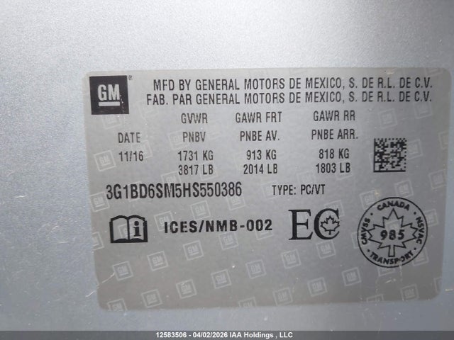 3G1BD6SM5HS550386 Chevrolet Cruze