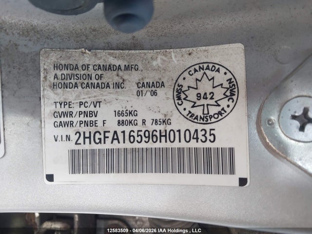Продаж на аукціоні авто 2006 Honda Civic Lx, vin: 2HGFA16596H010435, номер лоту: 12583509