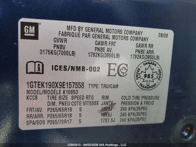 12583513 :رقم المزاد ، 1GTEK190X9E157558 vin ، 2009 Gmc Sierra 1500 مزاد بيع