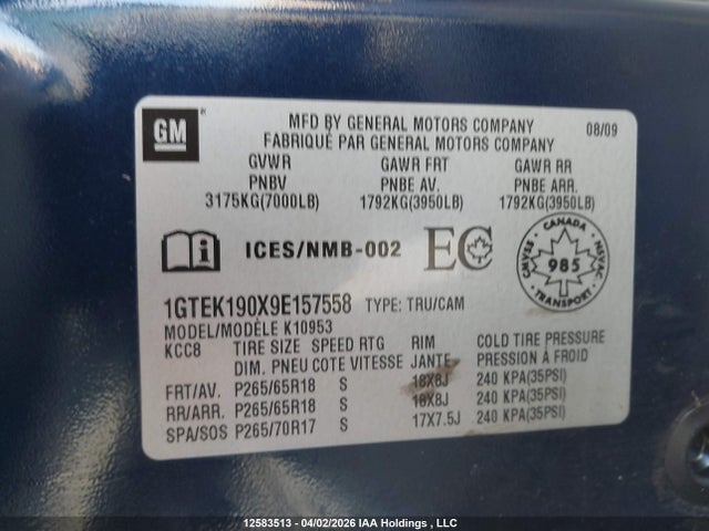 12583513 :رقم المزاد ، 1GTEK190X9E157558 vin ، 2009 Gmc Sierra 1500 مزاد بيع