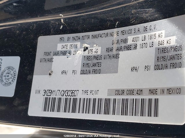 3MZBM1V7XGM303607 Mazda Mazda3 Gs