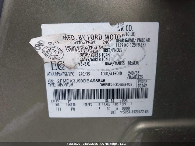 Продаж на аукціоні авто 2013 Ford Edge Sel, vin: 2FMDK3J90DBA98845, номер лоту: 12583520