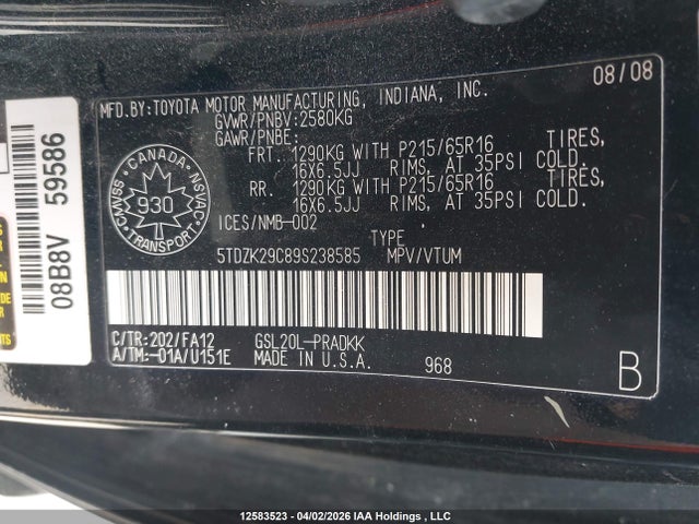 2009 Toyota Sienna Ce მანქანა იყიდება აუქციონზე, vin: 5TDZK29C89S238585, აუქციონის ნომერი: 12583523