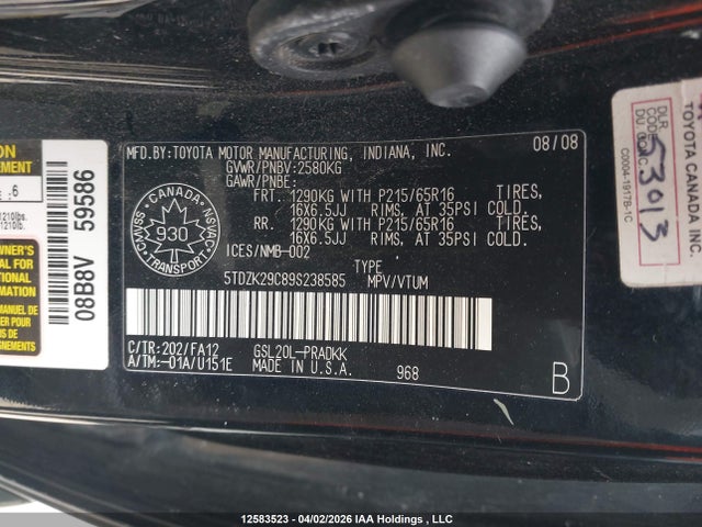 2009 Toyota Sienna Ce მანქანა იყიდება აუქციონზე, vin: 5TDZK29C89S238585, აუქციონის ნომერი: 12583523
