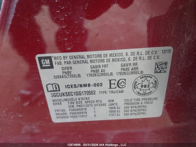 Продаж на аукціоні авто 2016 Chevrolet Silverado 1500 1lz, vin: 3GCUKSEC1GG170562, номер лоту: 12574895
