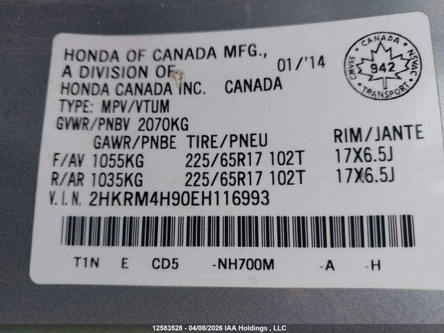 Aukcja sprzedaży 2014 Honda Cr-v Touring, vin: 2HKRM4H90EH116993, numer aukcji: 12583528