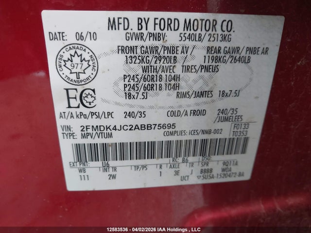 Aukcja sprzedaży 2010 Ford Edge Sel, vin: 2FMDK4JC2ABB75695, numer aukcji: 12583536