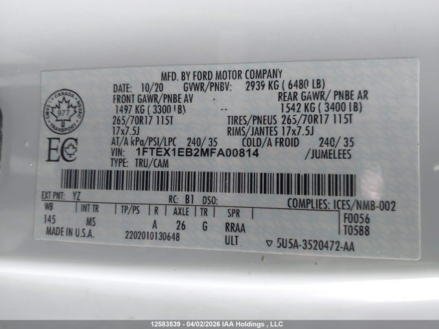Aukcja sprzedaży 2021 Ford F150 Super Cab, vin: 1FTEX1EB2MFA00814, numer aukcji: 12583539