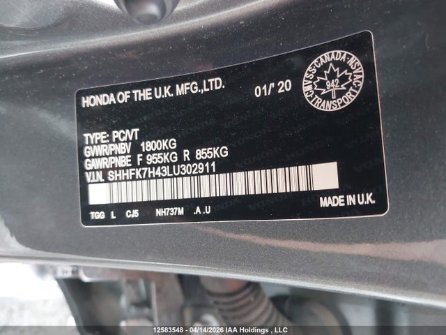 Aukcja sprzedaży 2020 Honda Civic Sport, vin: SHHFK7H43LU302911, numer aukcji: 12583548
