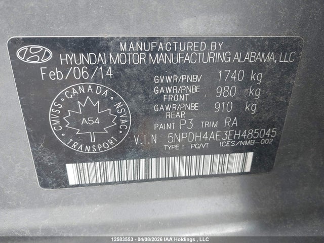 12583553 :رقم المزاد ، 5NPDH4AE3EH485045 vin ، 2014 Hyundai Elantra Gl مزاد بيع
