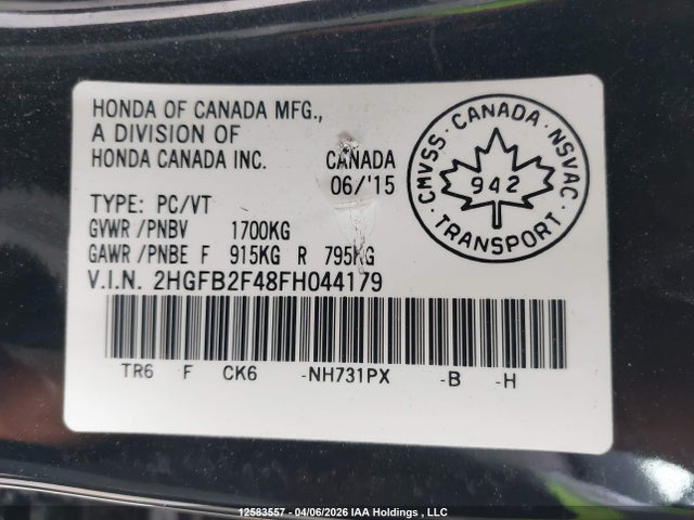 2015 Honda Civic Lx მანქანა იყიდება აუქციონზე, vin: 2HGFB2F48FH044179, აუქციონის ნომერი: 12583557
