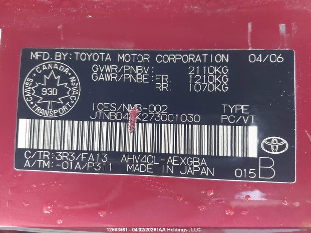 12583561 :رقم المزاد ، JTNBB46K273001030 vin ، 2007 Toyota Camry Hybrid مزاد بيع