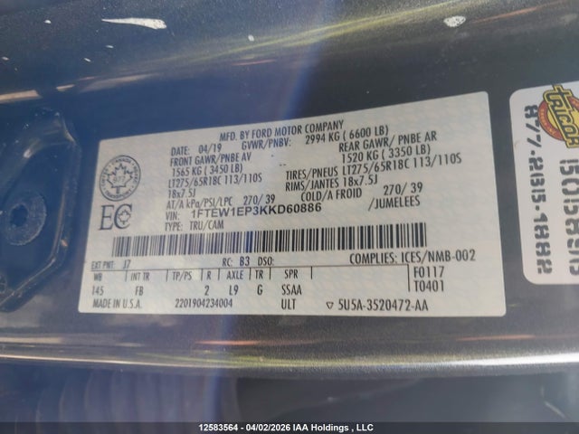 Продажа на аукционе авто 2019 Ford F150 Supercrew, vin: 1FTEW1EP3KKD60886, номер лота: 12583564