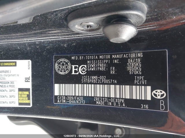 2020 Toyota Corolla L მანქანა იყიდება აუქციონზე, vin: 5YFBPRBE2LP005714, აუქციონის ნომერი: 12583572