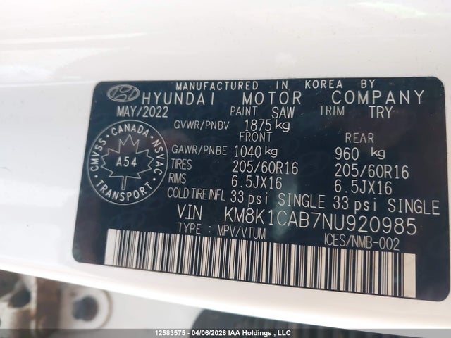 Продаж на аукціоні авто 2022 Hyundai Kona Se, vin: KM8K1CAB7NU920985, номер лоту: 12583575