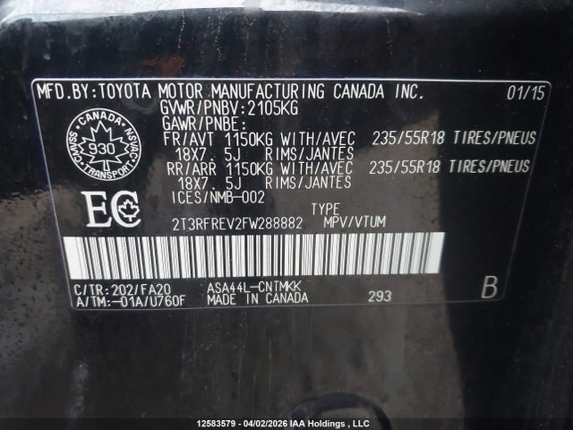2015 Toyota Rav4 Xle მანქანა იყიდება აუქციონზე, vin: 2T3RFREV2FW288882, აუქციონის ნომერი: 12583579