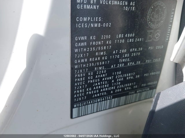 12583582 :رقم المزاد ، WVGJV7AX3GW547342 vin ، 2016 Volkswagen Tiguan Comfortline/highline/special Edition مزاد بيع