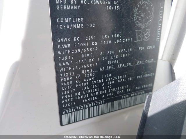 12583582 :رقم المزاد ، WVGJV7AX3GW547342 vin ، 2016 Volkswagen Tiguan Comfortline/highline/special Edition مزاد بيع