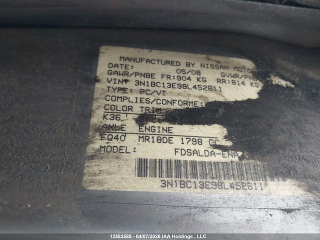 Продажа на аукционе авто 2008 Nissan Versa 1.8s, vin: 3N1BC13E98L452611, номер лота: 12583585
