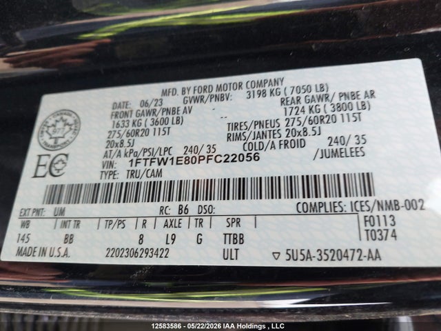 12583586 :رقم المزاد ، 1FTFW1E80PFC22056 vin ، 2023 Ford F-150 Platinum مزاد بيع