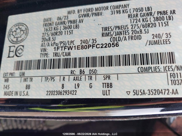 12583586 :رقم المزاد ، 1FTFW1E80PFC22056 vin ، 2023 Ford F-150 Platinum مزاد بيع