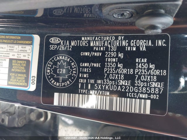 12583587 :رقم المزاد ، 5XYKUDA22DG385887 vin ، 2013 Kia Sorento Ex مزاد بيع