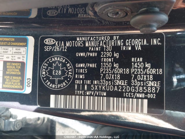 12583587 :رقم المزاد ، 5XYKUDA22DG385887 vin ، 2013 Kia Sorento Ex مزاد بيع