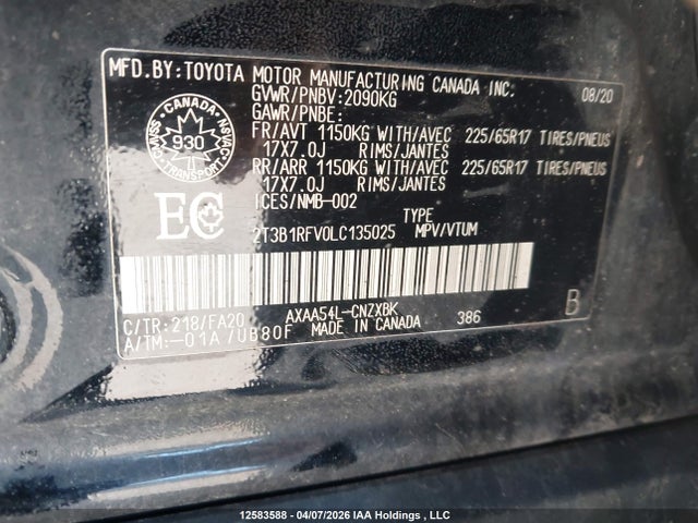 2020 Toyota Rav4 Le მანქანა იყიდება აუქციონზე, vin: 2T3B1RFV0LC135025, აუქციონის ნომერი: 12583588