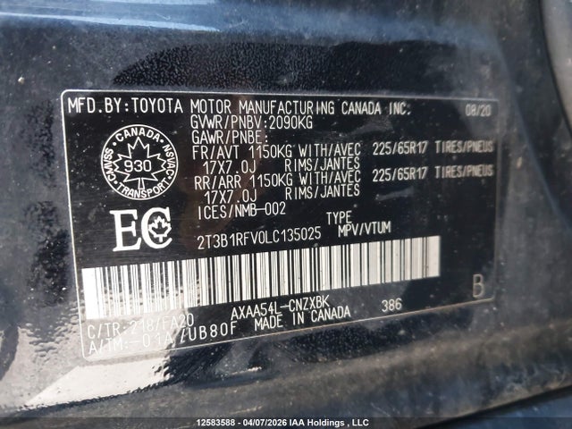 2020 Toyota Rav4 Le მანქანა იყიდება აუქციონზე, vin: 2T3B1RFV0LC135025, აუქციონის ნომერი: 12583588