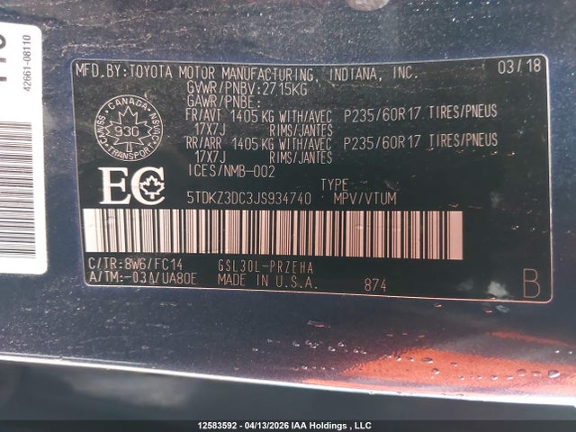 2018 Toyota Sienna Le V6 მანქანა იყიდება აუქციონზე, vin: 5TDKZ3DC3JS934740, აუქციონის ნომერი: 12583592